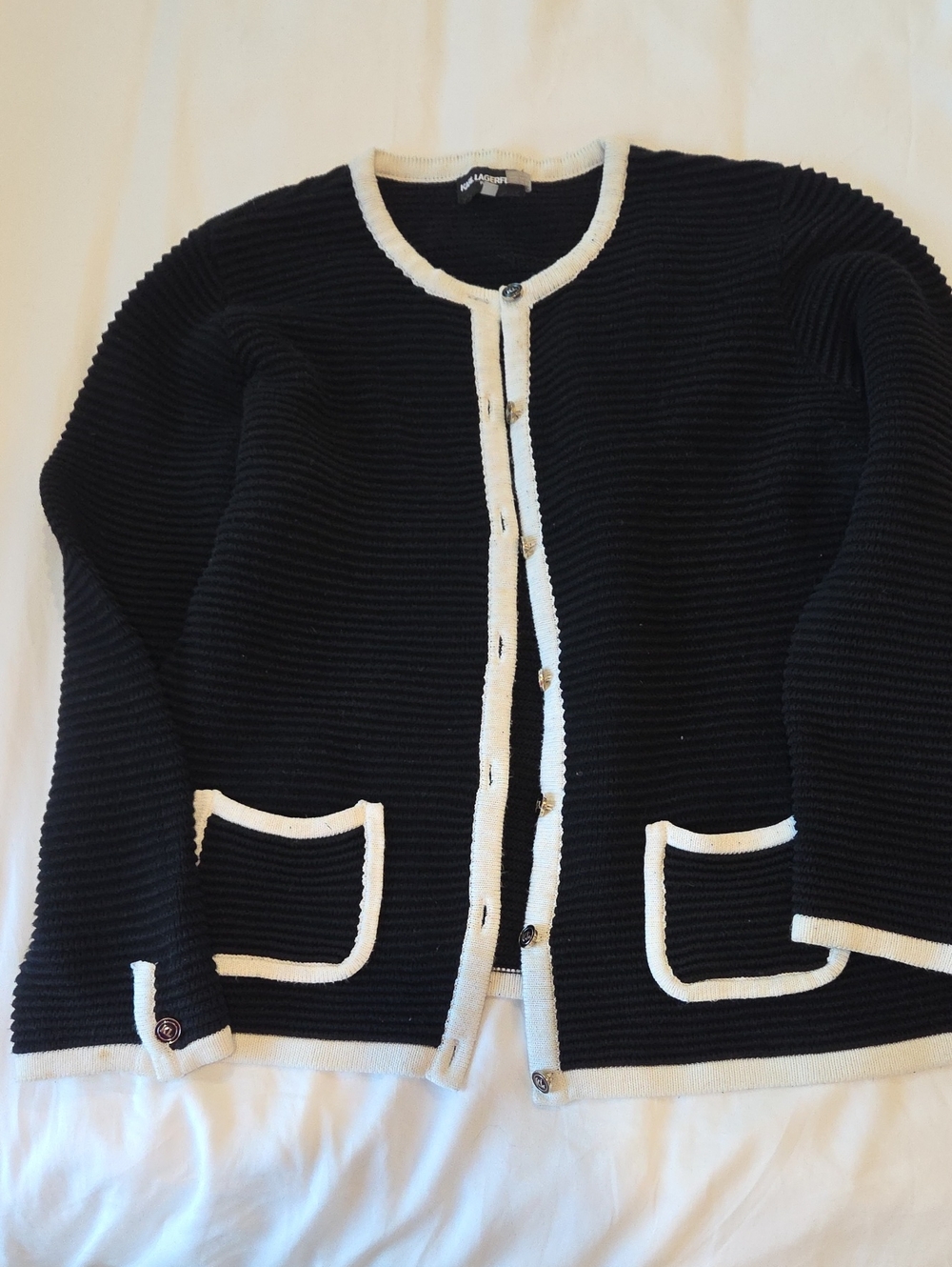 Karl Lagerfeld Black Ribbed Cardigan with White Trim